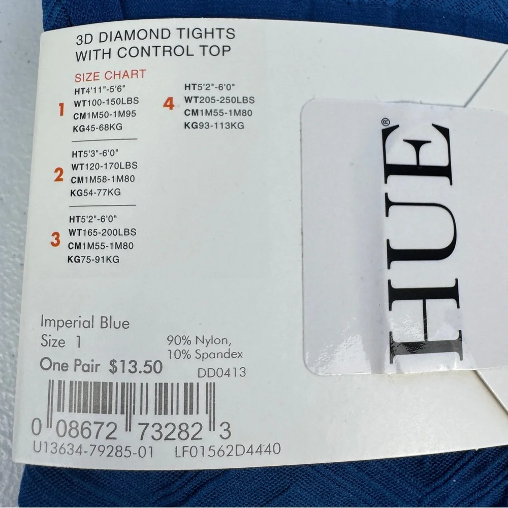 Hue 3D Diamond Tights with‎ Control Top Womens Size 1 Imperial Blue